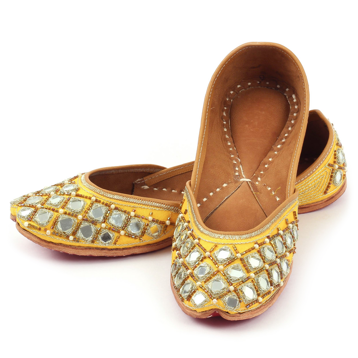 Yellow Mirror Blocks Handcrafted Women's Punjabi Leather Jutti
