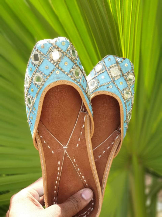 Aqua Mirror Blocks Handcrafted Women's Punjabi Leather Jutti