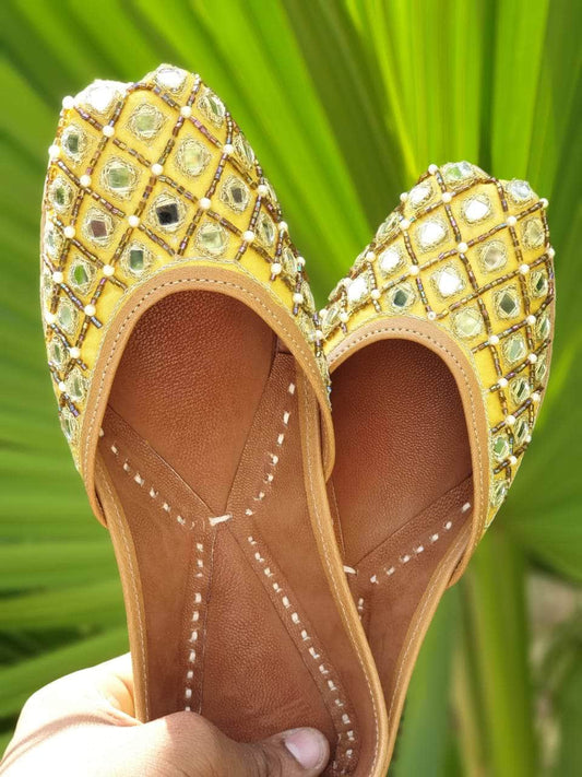 Yellow Mirror Blocks Handcrafted Women's Punjabi Leather Jutti