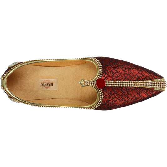 Red wedding sherwani mojari fabric maroon