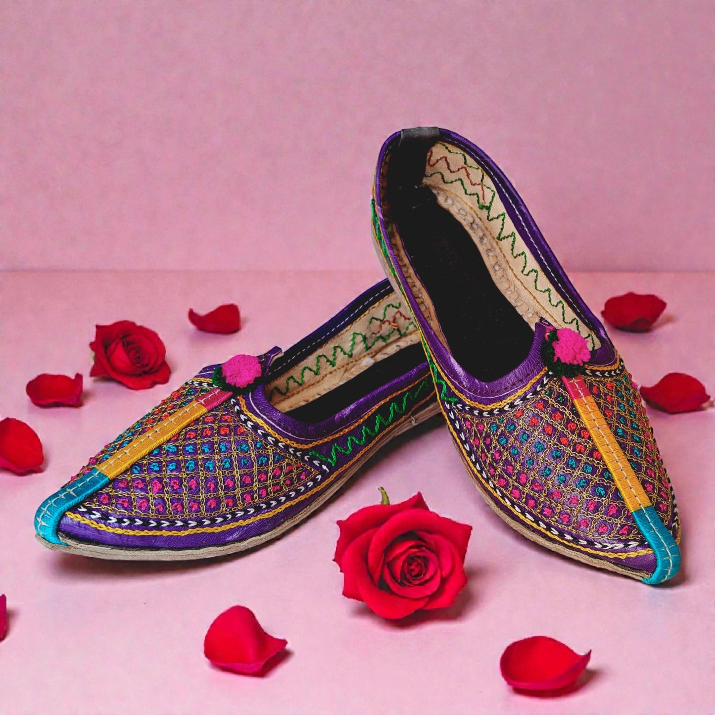 Colorful Checkers Embroidery Handmade Women's Jodhpuri Leather Jutti