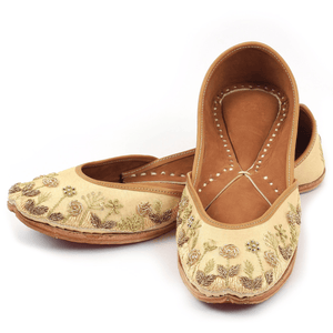 Beige Floral Coils Handcrafted Women's Punjabi Leather Jutti