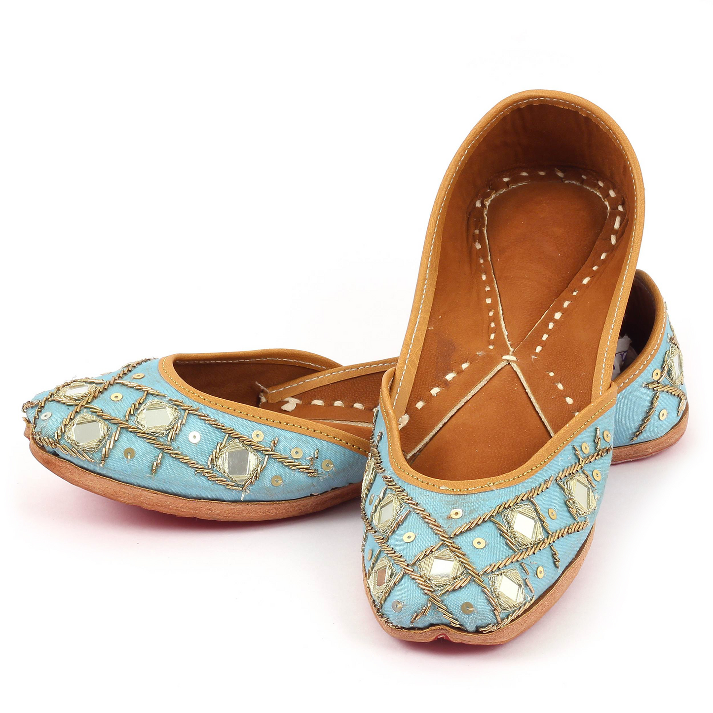 Aqua Mirror Blocks Handcrafted Women's Punjabi Leather Jutti